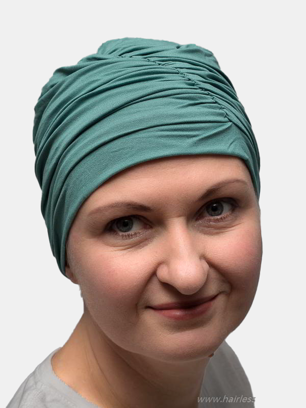 Fashionable turban for cancer patients, offering full head coverage