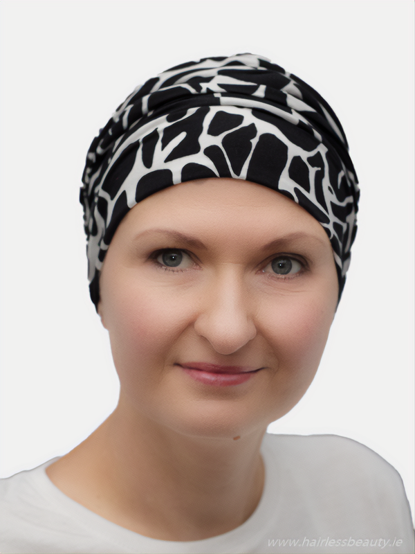 Soft, patterned turban offering full head coverage for hair loss