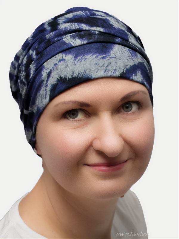 Soft cotton turban in blue designed for sensitive scalps.