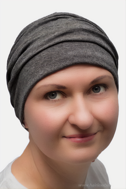 Gentle grey turban designed for hair loss