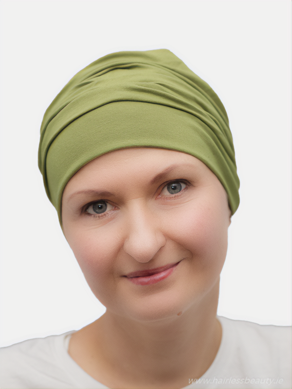 Fashionable turban for cancer and chemo patients, made from delicate cotton.