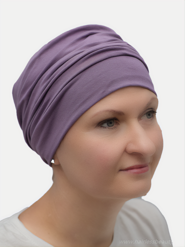 Comfortable lightweight hat in pastel tones for alopecia patients.