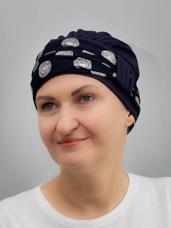 Comfortable black, bamboo hat with a band, designed for women with alopecia