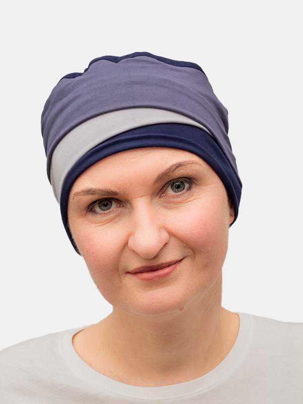 Soft, stretchy turban in blues for hair loss, designed for maximum comfort