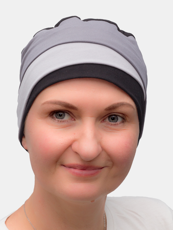 Comfortable turban in greys colours for alopecia and chemo patients, offering full head coverage