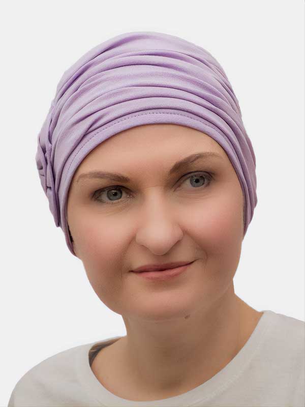 Pretty bamboo turban with lining and flowing fabric, creating an elegant, voluminous look for women experiencing hair loss