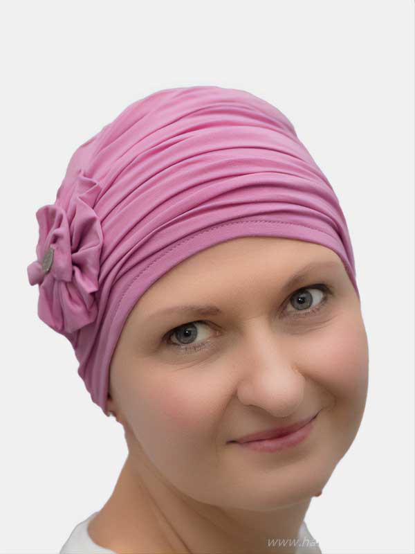 Elegant, pretty bamboo turban with soft lining and fabric drape for added volume and comfort, designed for cancer patients.