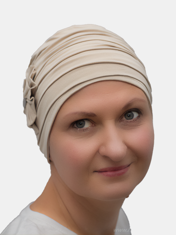 Comfy bamboo turban with delicate drape and lining, adding volume and elegance, perfect for radio therapy patients