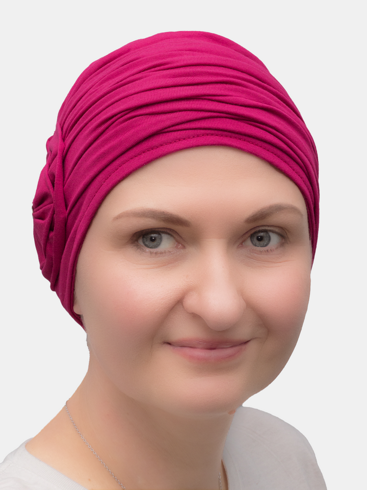 Stylish bamboo turban with draping fabric, lined for extra comfort and designed to give a voluminous, elegant look, perfect for hair loss or alopecia