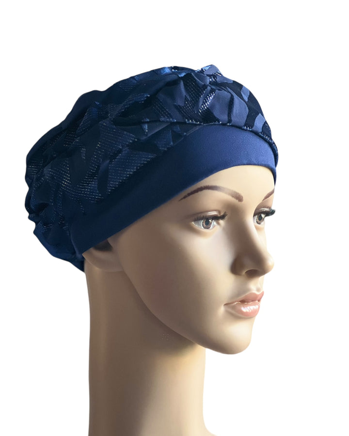 Pretty bamboo head wear with delicate draping fabric, offering volume and a soft, lined interior