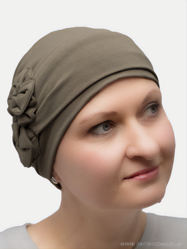 Chic Heather turban providing soft, breathable coverage for hair loss due to chemotherapy, making it easy to wear