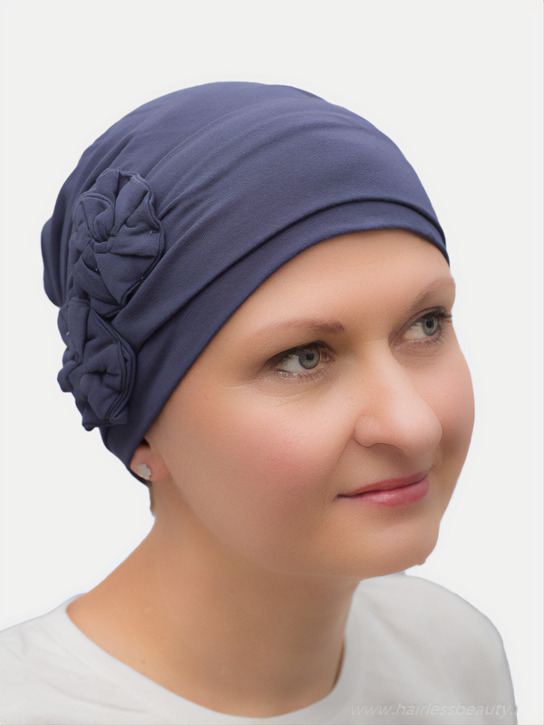 Navy Heather headwear, designed for comfort, especially for those undergoing chemotherapy or dealing with alopecia