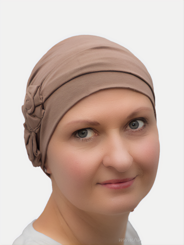 Fashionable brown turban for cancer and chemo patients, made from bamboo