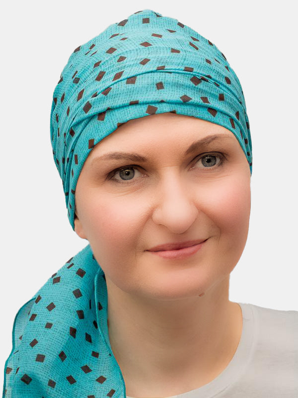 Light turquoise scarf with cotton lining, ideal for hair loss from chemo or alopecia