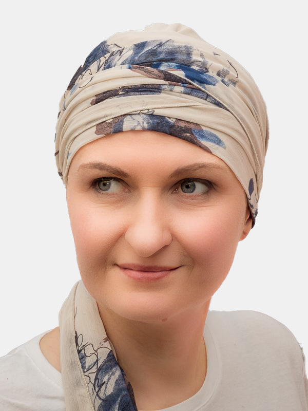 Elegant , multicolored scarf with cotton lining, perfect for chemo, radio, and alopecia