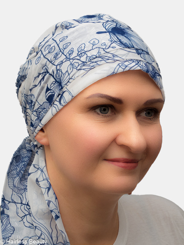 Easy-to-tie white and blue scarf with cotton lining for chemo, radio, and alopecia