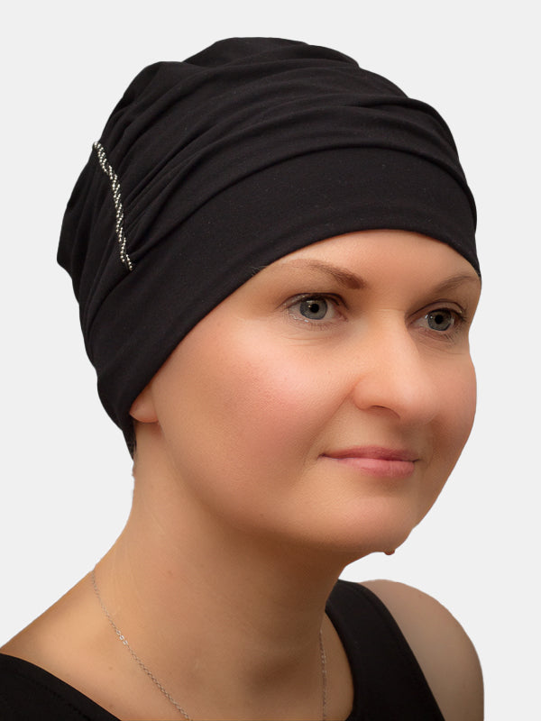 Black, comfortable bamboo turban with very delicate, decorative silver jewelled adornment