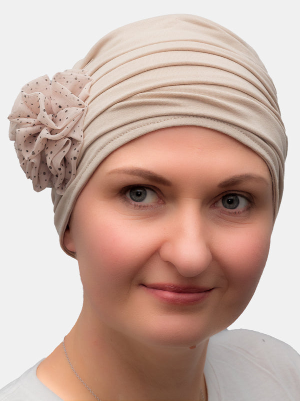 Bamboo beige hat with handmade flowers, ideal for cancer and chemo patients