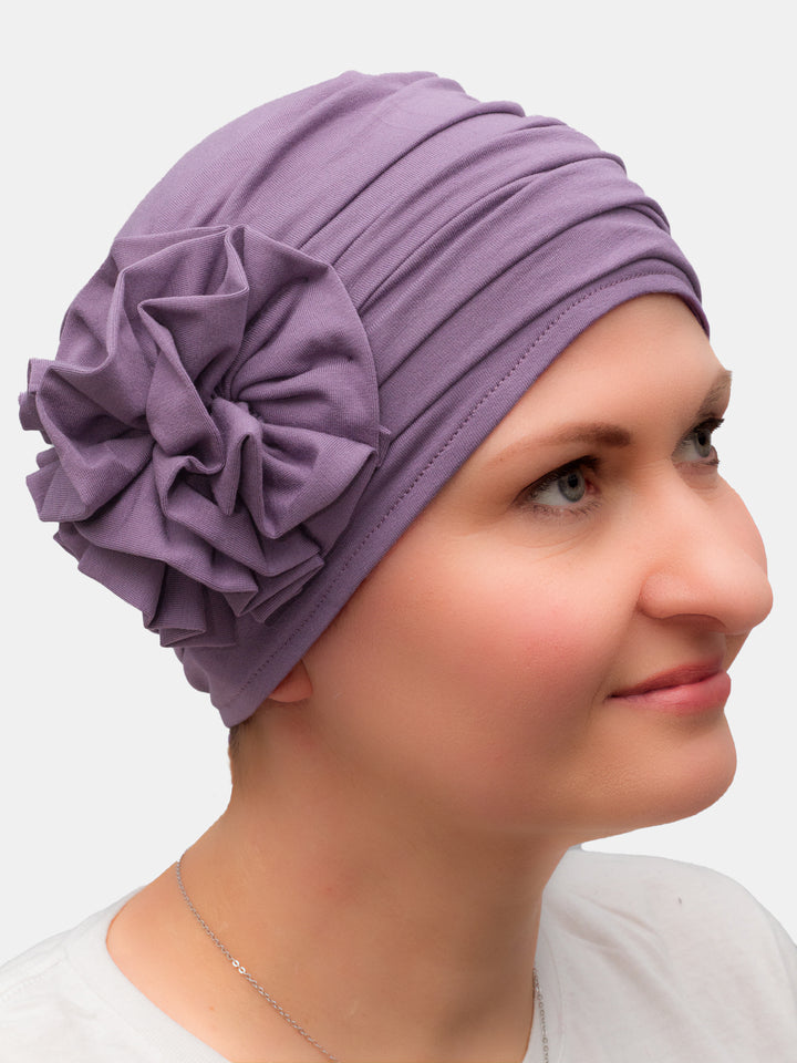 Stylish bamboo hat with handmade flowers, ideal for cancer and alopecia