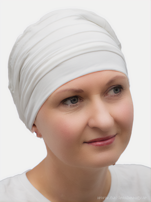 Comfortable and stylish white beanie hat for chemo, alopecia, and hair loss