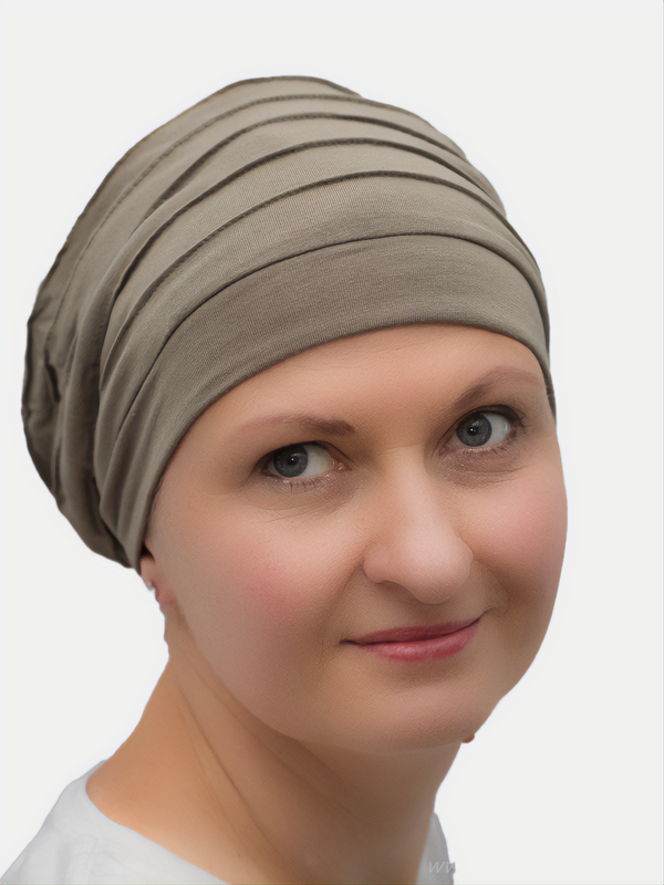 Soft and lined khaki beanie, perfect for cancer and hair loss patients