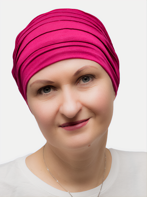 Lightweight fuchcia beanie, designed for comfort during cancer and hair loss