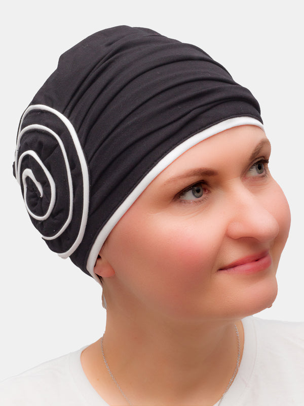 Comfortable black bamboo hat for cancer, chemo, and alopecia, stylish with side decoration