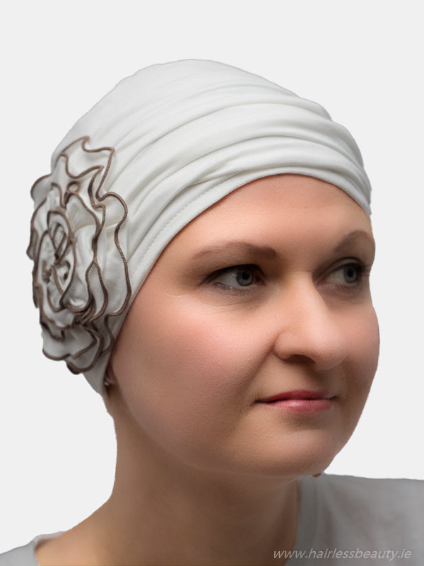 Petunia hat with classic 1920s look, stylish and comfortable for alopecia and cancer treatment