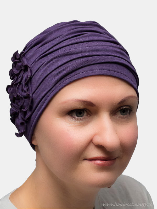 Petunia hat with unique flower, perfect for cancer patients at special events