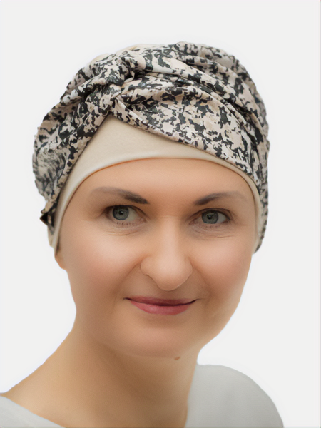 Pretty Lily bamboo-lined turban, gentle and comfortable for cancer, chemo, alopecia, and hair fall