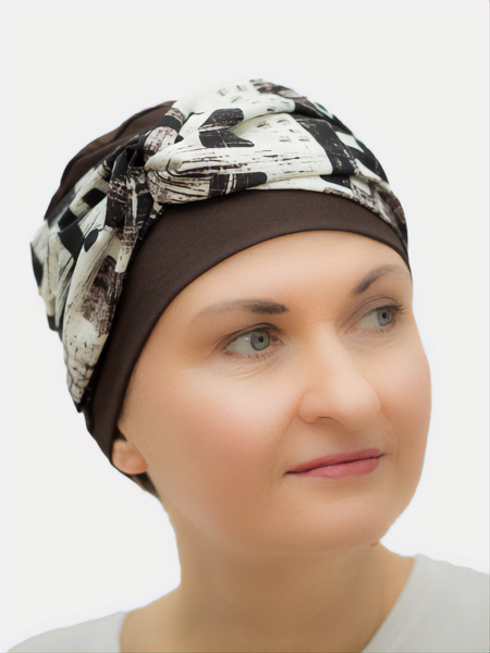 Lily brown bamboo-lined turban, providing pretty and gentle comfort for cancer and alopecia patients